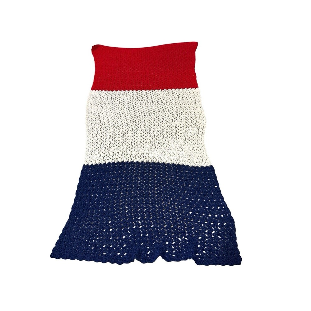 Vintage Handmade Crochet Knit Throw Blanket Red White Blue 70x38